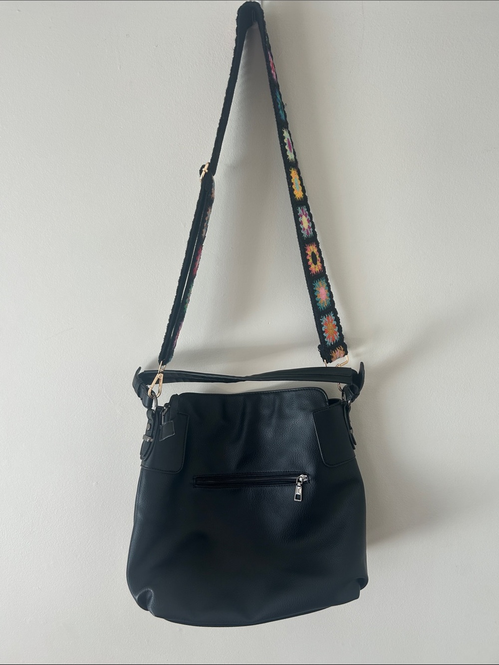Black Shoulder Bag with Colorful Woven Strap